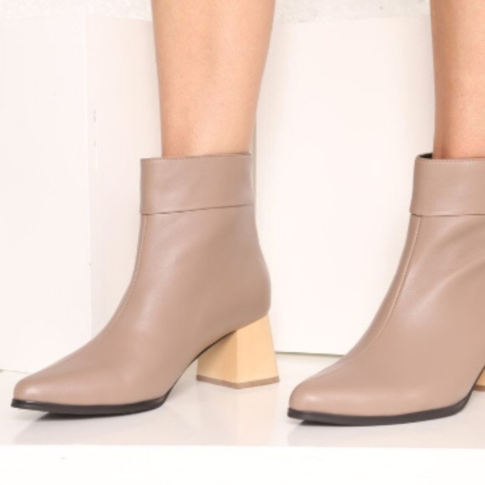 Intentionally Blank Taupe booties wooden heel